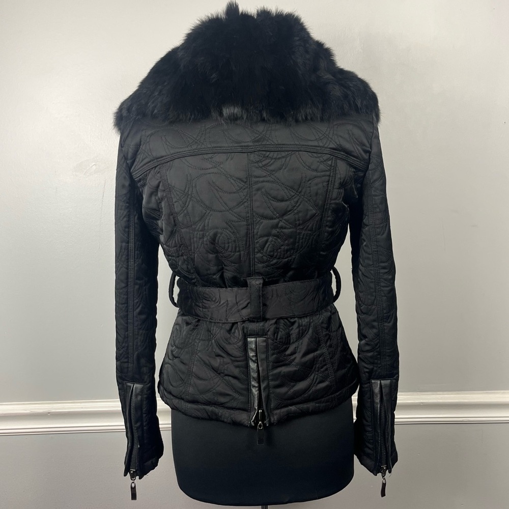 Bebe Y2K Rabbit Fur Trimmed down and feather filled belted jacket black size M - Picture 4 of 10